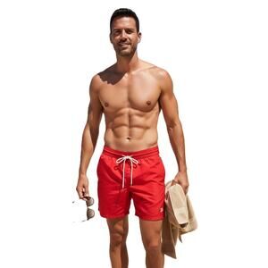 Burberry London England Men's Swim Trunks Shorts Red Logo Bands Size L